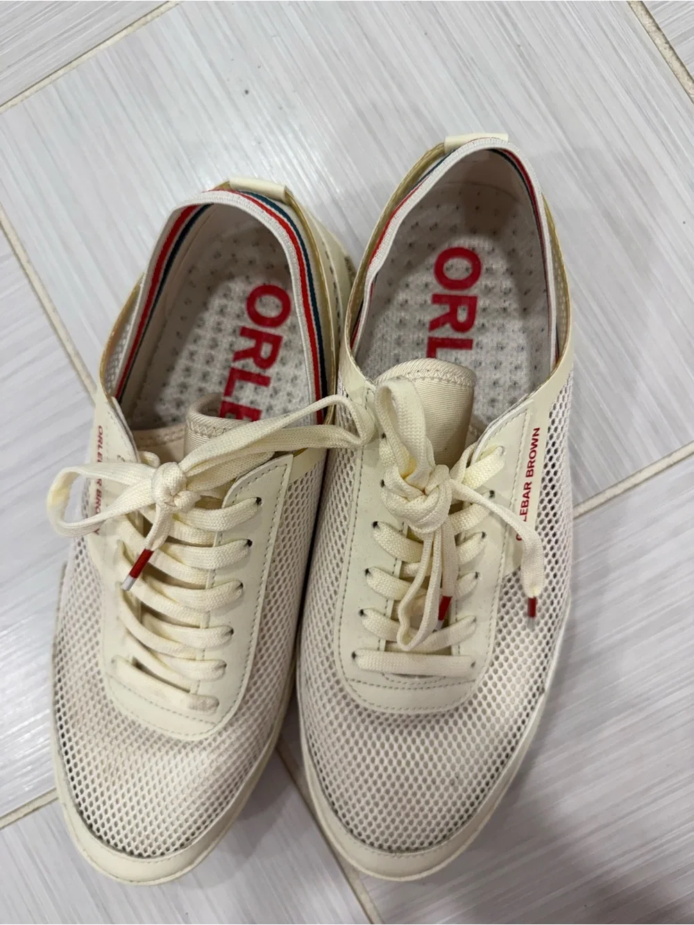 Orlebar Brown Cream Mesh Sneakers with Red Trim